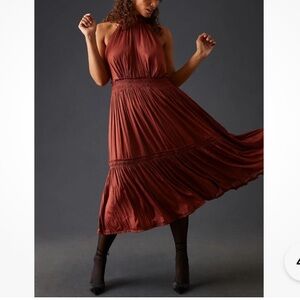 Anthropologie Esther Tiered Ruffle Hem Halter Satin Midi Dress Rose Size 6